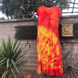 Vintage red and yellow tie dye long flowy dress